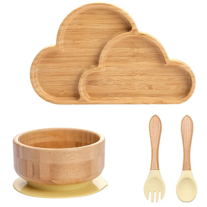 Bamboo Safety Set: Suction Baby Bowls, Plates, and Spoon/Fork Bamboo Safety Set: Suction Baby Bowls, Plates, and Spoon/Fork HuggingBub Cloud Yellow Safety Set 
