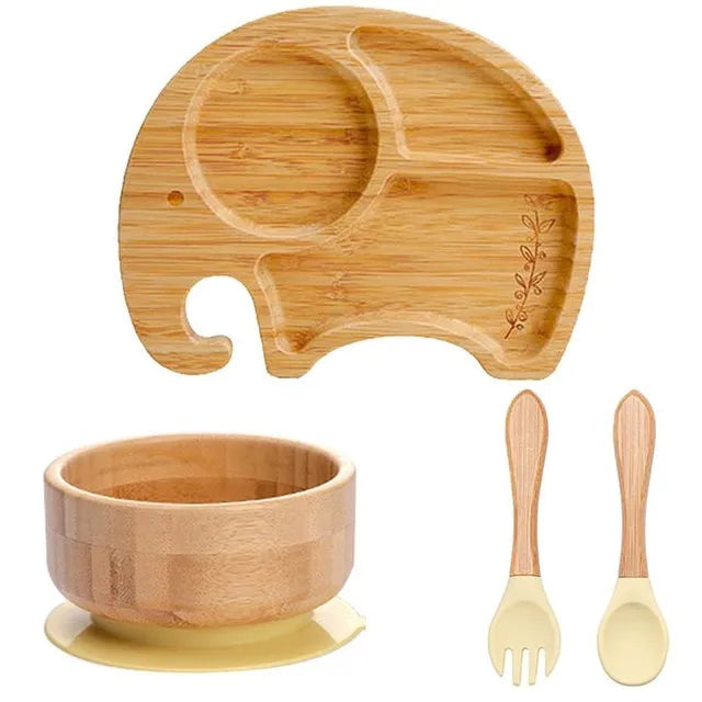 Bamboo Safety Set: Suction Baby Bowls, Plates, and Spoon/Fork Bamboo Safety Set: Suction Baby Bowls, Plates, and Spoon/Fork HuggingBub Elephant Yellow Safety Set 