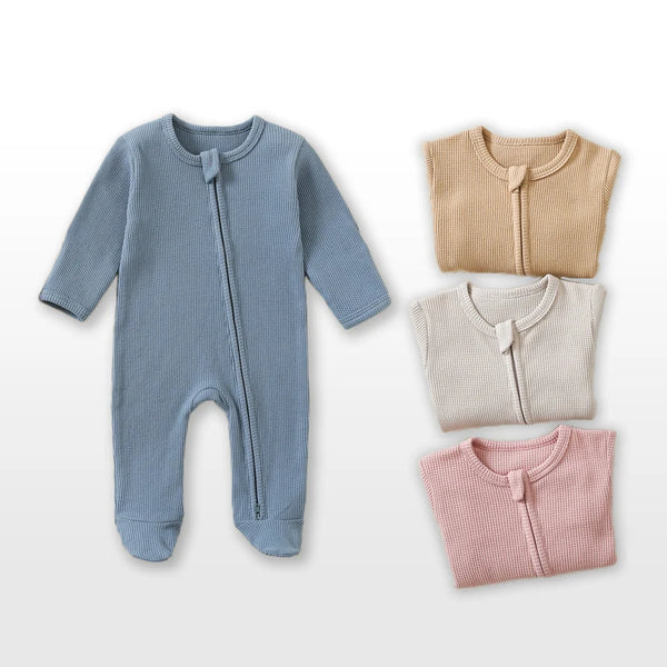 Organic Cotton Baby Waffle Romper – Footed, Long-Sleeve, Zipper Closure