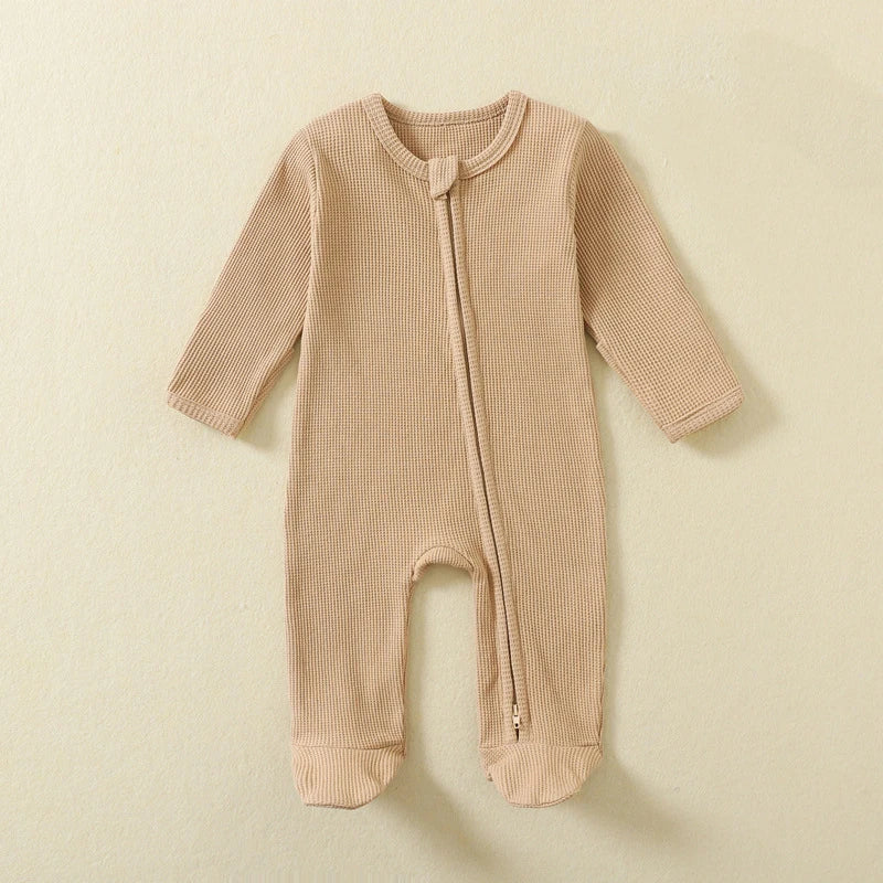 Organic Cotton Baby Waffle Romper – Footed, Long-Sleeve, Zipper Closure